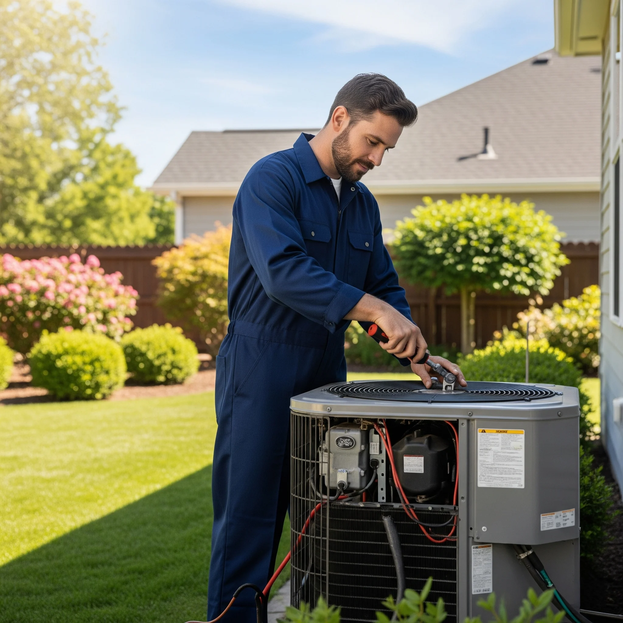 HVAC technician installing an outdoor air conditioning unit at a residential property