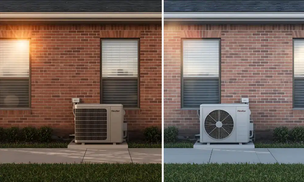 Split image showing two outdoor air conditioning units against a brick wall under dim lighting. Left unit is square; the right one is circular. Grass and sidewalk in front.