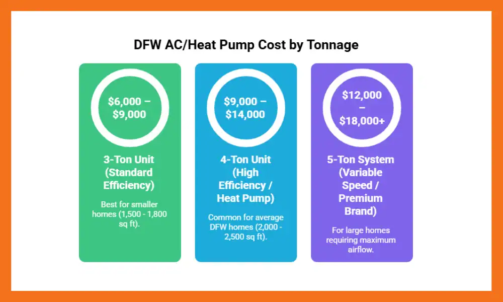 Chart displaying DFW AC/Heat Pump costs by tonnage. Three sections: 3-Ton ($6,000-$9,000), 4-Ton ($9,000-$14,000), 5-Ton ($12,000-$18,000+). Each section lists efficiency and home size suitability.
