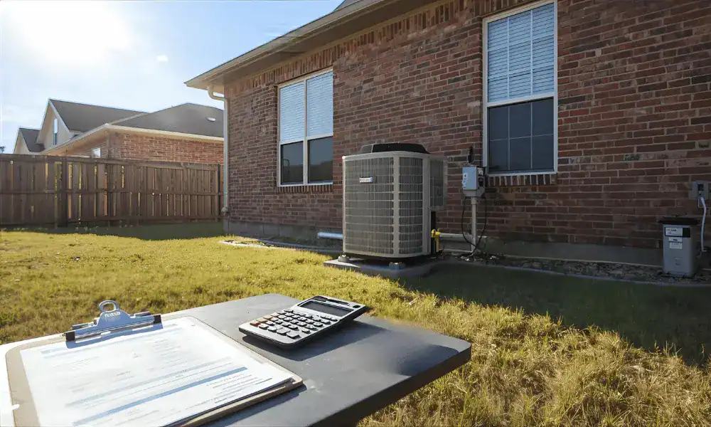 Clipboard and calculator beside outdoor HVAC unit near brick house for estimating HVAC installation cost for DFW