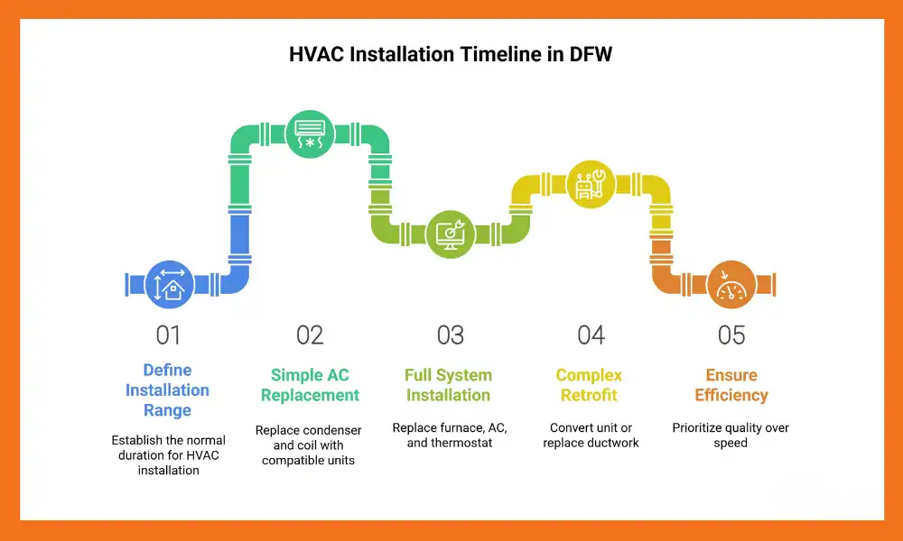 HVAC installation timeline infographic with five steps: Define Range, Simple AC Replacement, Full System Installation, Complex Retrofit, Ensure Efficiency.