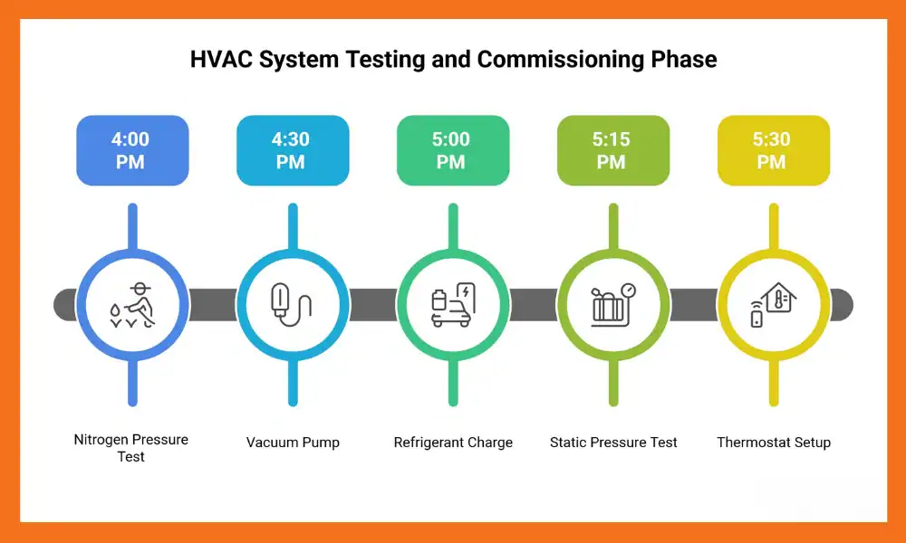 Timeline infographic outlining HVAC system testing phases: Nitrogen pressure test, vacuum pump, refrigerant charge, static pressure test, thermostat setup.