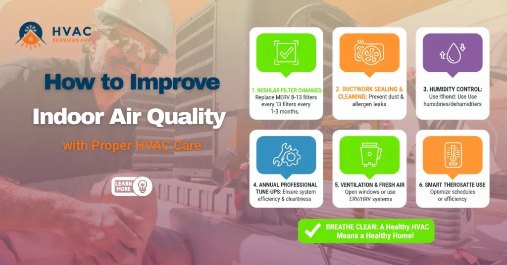 Infographic on improving indoor air quality with HVAC care. Tips include regular filter changes, ductwork sealing, humidity control, professional tune-ups, ventilation, and smart thermostat use. Emphasizes clean air for a healthy home. Background shows a technician working on HVAC equipment.