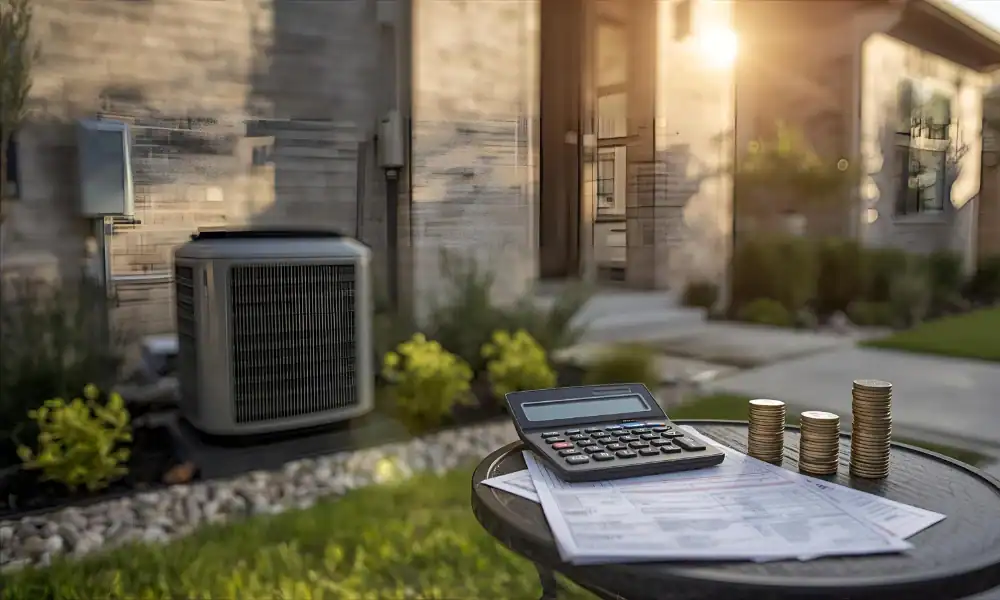 Calculator financial documents and stacked coins with outdoor AC unit shown for maximizing savings with DFW rebates and tax credits