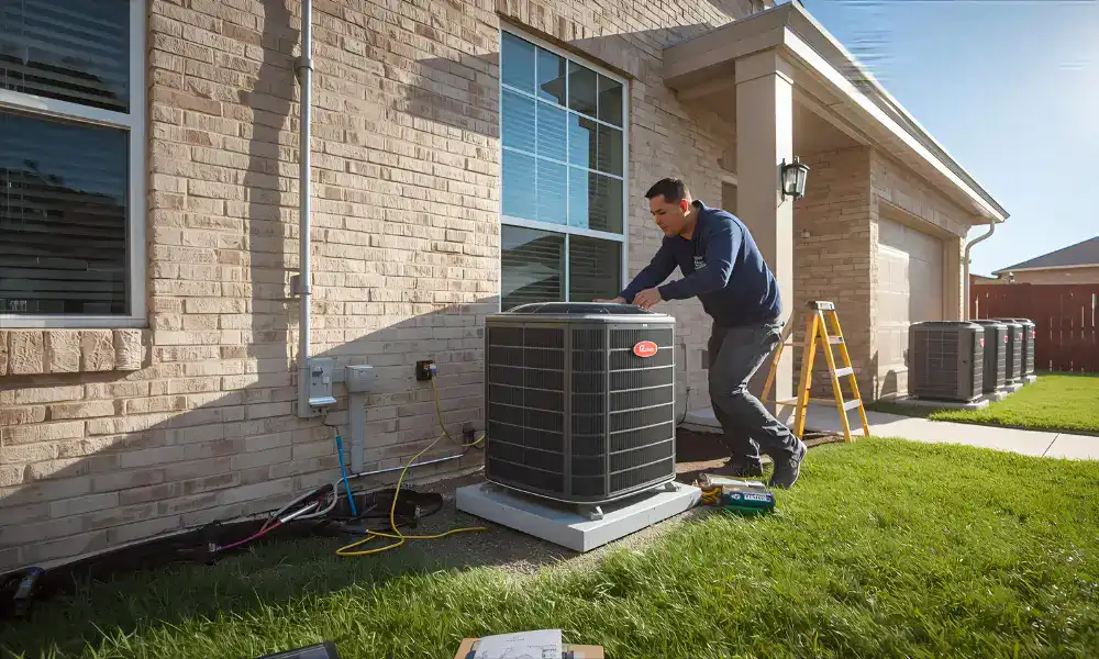 Technician servicing outdoor AC unit beside brick house with multiple units for a guide on new AC or heat pump in DFW