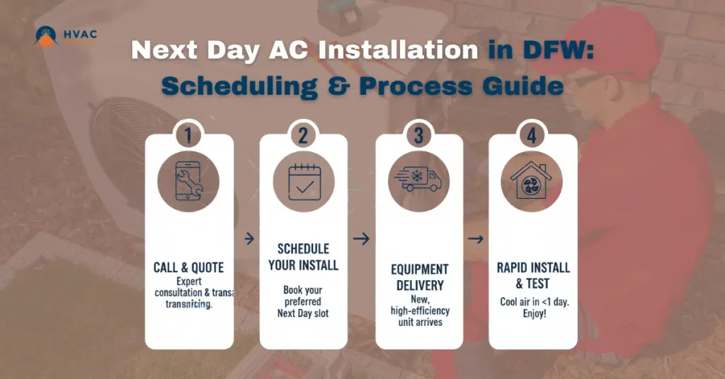 Infographic titled 'Next Day AC Installation in DFW: Scheduling & Process Guide' featuring four-step process: call for quote, schedule install, equipment delivery, and rapid install and test. Background shows a technician in red working on an AC unit.