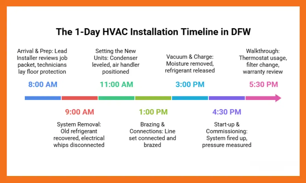 Infographic outlining a 1-day HVAC installation timeline in DFW, detailing tasks scheduled from 8 AM to 5:30 PM.