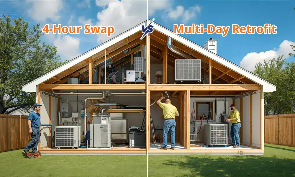 Split image of a house shows "4-Hour Swap" on left with quick installation, and "Multi-Day Retrofit" on right with workers. Highlights efficiency difference.