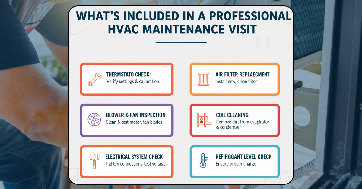 Infographic detailing what's included in a professional HVAC maintenance visit: thermostat check, air filter replacement, blower inspection, coil cleaning, electrical system check, and refrigerant level check. The colorful, organized chart is set against a blurred background of an HVAC technician at work.