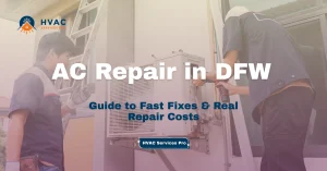 A technician services an air conditioning unit outside a building, with a guide to fast fixes and repair costs displayed on the image.