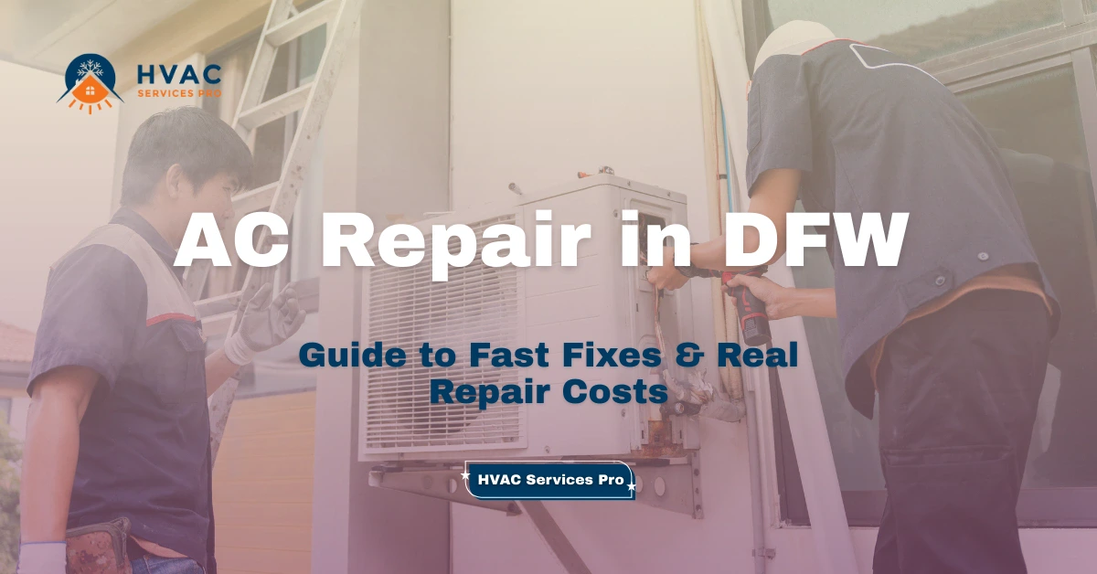 A technician services an air conditioning unit outside a building, with a guide to fast fixes and repair costs displayed on the image.