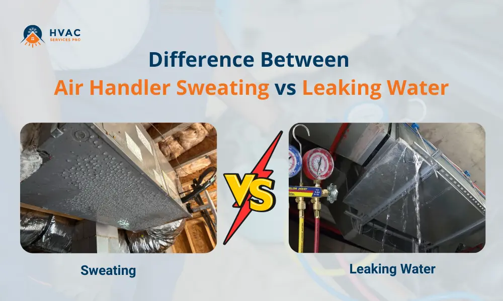 Difference Between Air Handler Sweating vs Leaking Water: Side by side comparison of an HVAC air handler sweating from condensation versus an air handler leaking water from a drain or pan issue.
