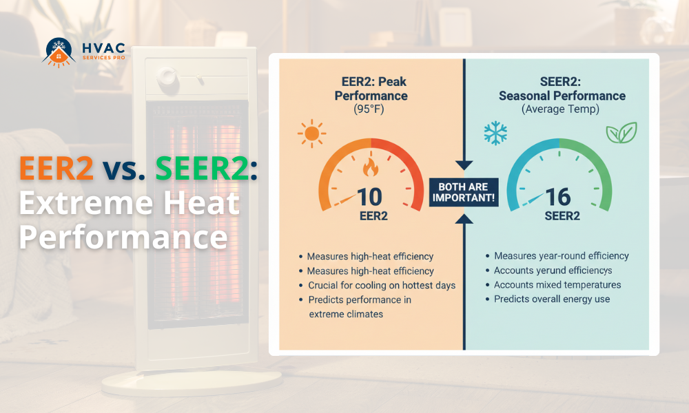 An infographic comparing EER2 and SEER2 for extreme heat performance. EER2 is rated 10 for peak performance at 95°F, focusing on high-heat efficiency and extreme climates. SEER2 is rated 16 for seasonal performance, measuring year-round efficiency and energy use. Both are important, emphasizing different aspects of HVAC efficiency.