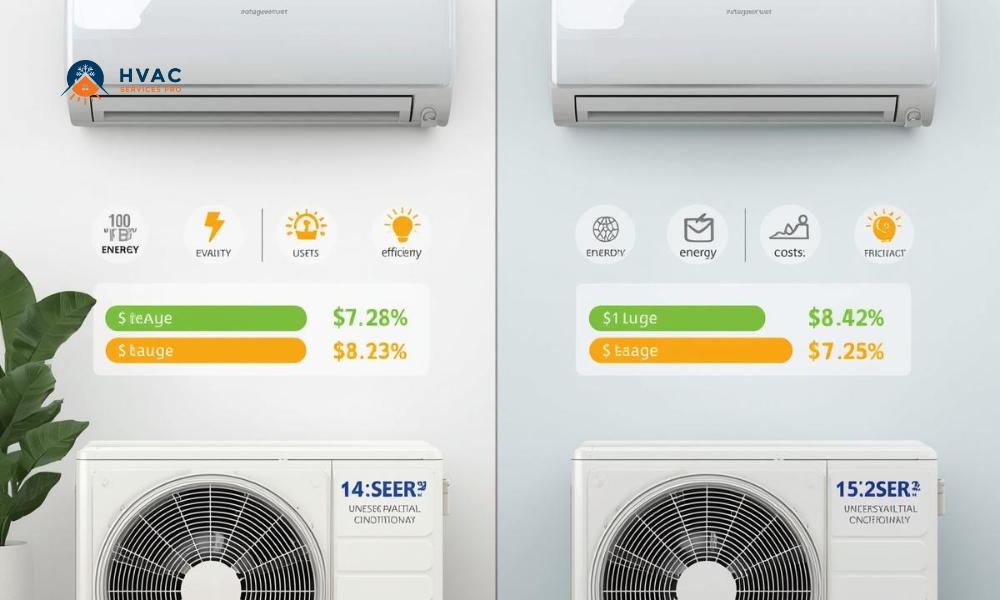 Split image comparing two HVAC systems. Left system shows 14 SEER with higher usage costs. Right system, 15 SEER, offers better efficiency and lower costs. Charts depict green bars for savings, orange for costs. Tone is informative.