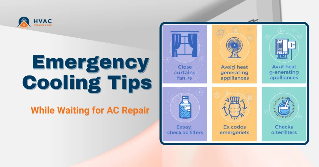 Emergency AC downtime tips graphic featuring a clean left-aligned title block and a framed panel of six illustrated tip tiles (fans, appliances, hydration, and filter checks)