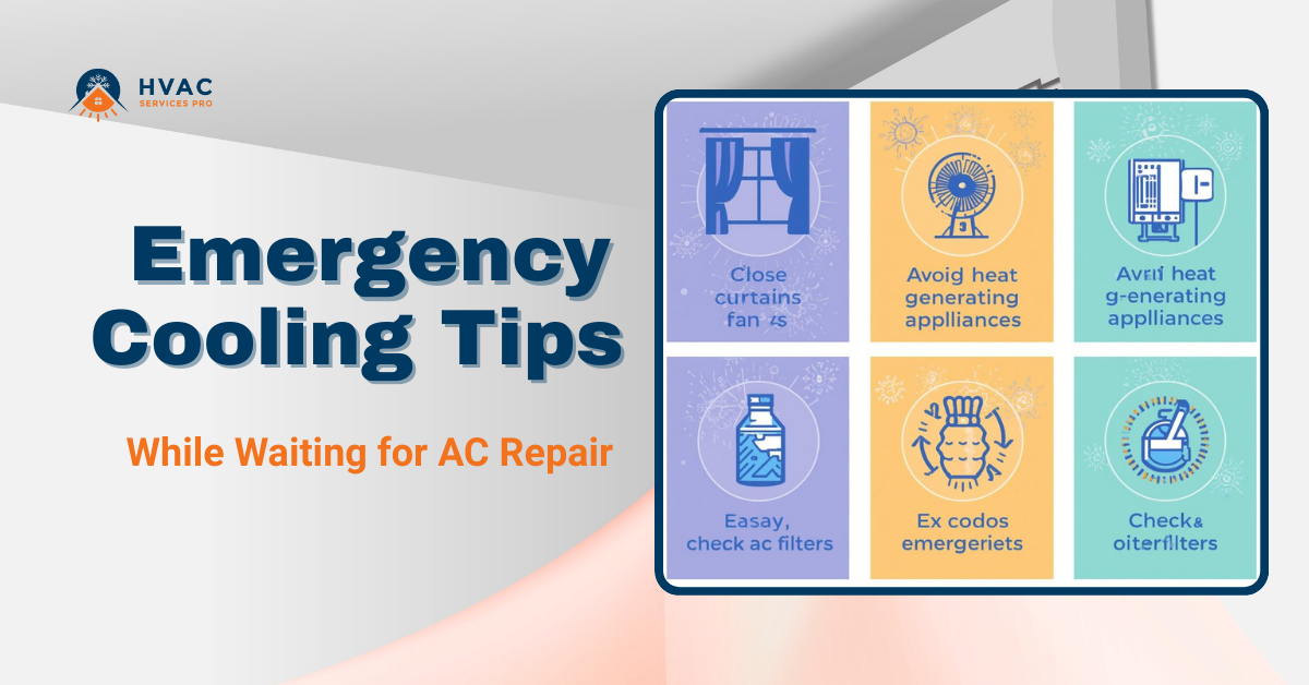 Emergency AC downtime tips graphic featuring a clean left-aligned title block and a framed panel of six illustrated tip tiles (fans, appliances, hydration, and filter checks)