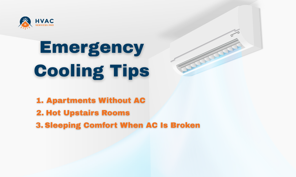 HVAC Services Pro “Emergency Cooling Tips” slide with mini split illustration, bold navy headline, and 3 orange bullet topics (apartments without AC, hot upstairs rooms, sleeping comfort when AC is broken)