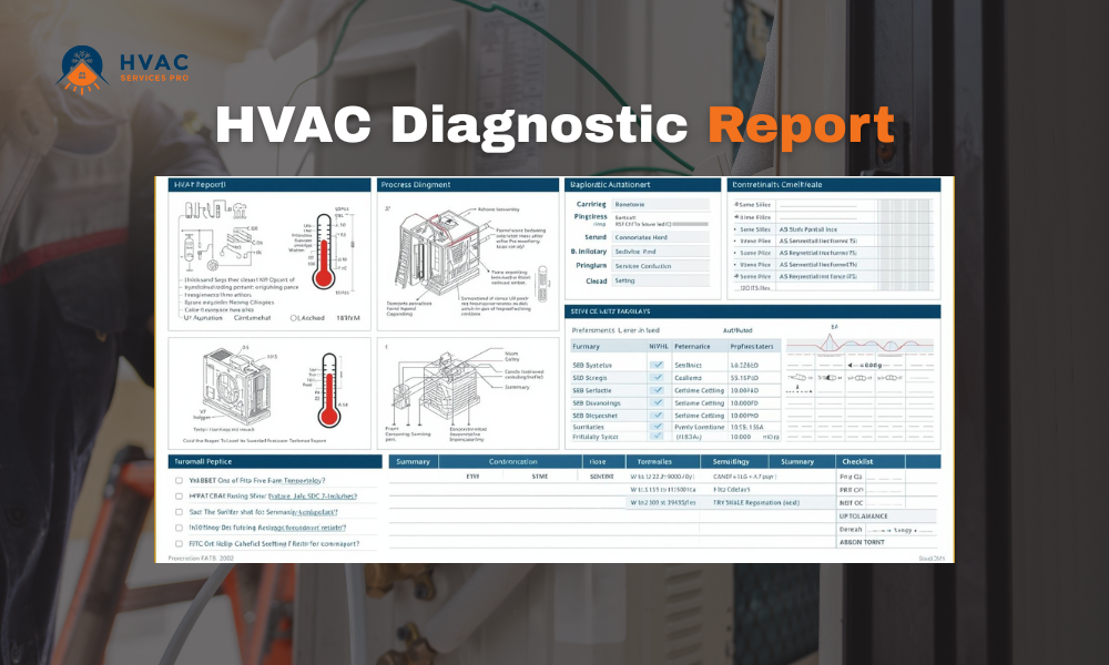 HVAC diagnostic report displayed on a digital screen overlaying a background with HVAC service branding. The report includes diagrams, temperature readings, and data tables, conveying technical analysis of HVAC systems.