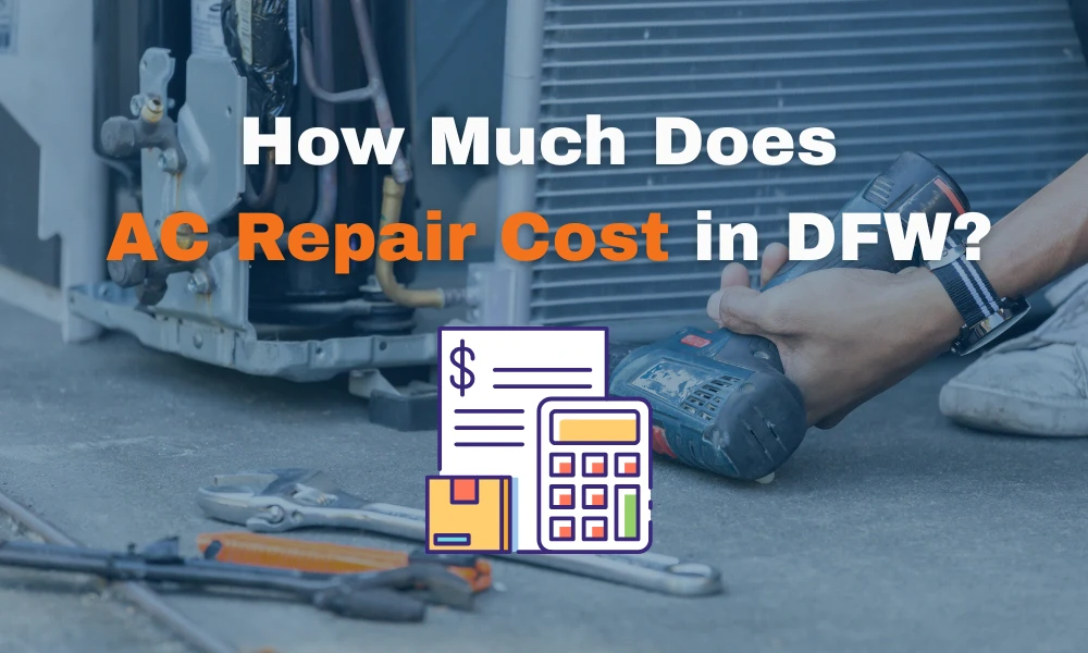 A person uses a power tool to repair an air conditioning unit, with text asking about AC repair costs in DFW.