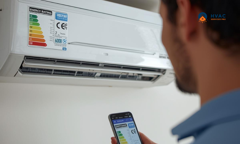 A person in a blue shirt uses a smartphone app to control a white air conditioner with an energy rating label. The mood is modern and efficient.