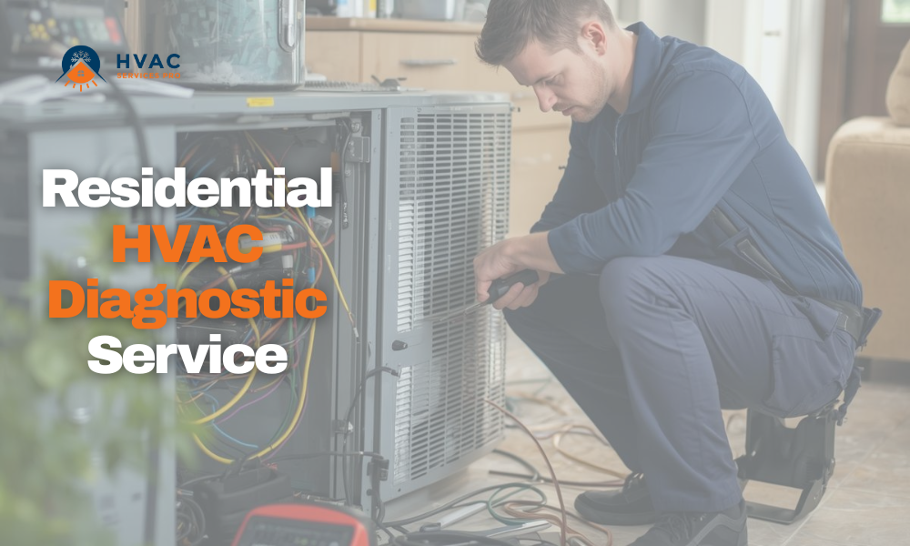 A technician in uniform inspects a home HVAC unit with tools. Text reads "Residential HVAC Diagnostic Service." The setting is a modern living space.
