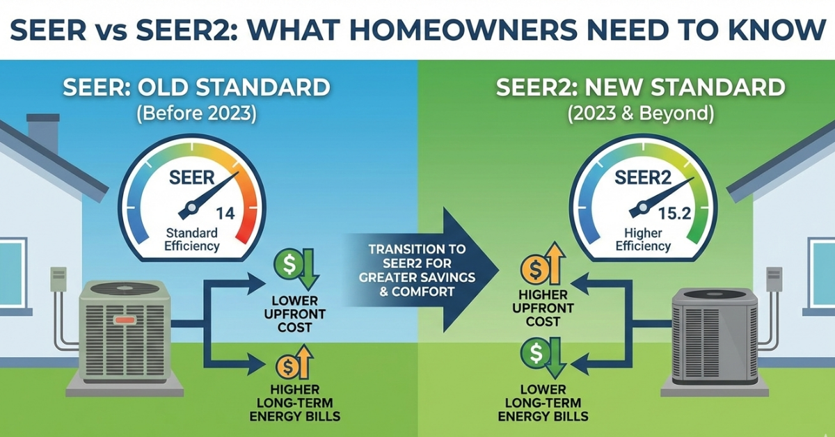 Infographic compares SEER (old standard) and SEER2 (new standard) ratings. SEER2 has higher efficiency, higher upfront costs, but lower long-term energy bills.