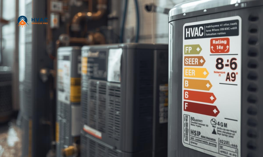 Close-up of a row of HVAC units in an industrial setting. The focus is on a unit's colorful efficiency rating label, conveying a technical and functional tone.