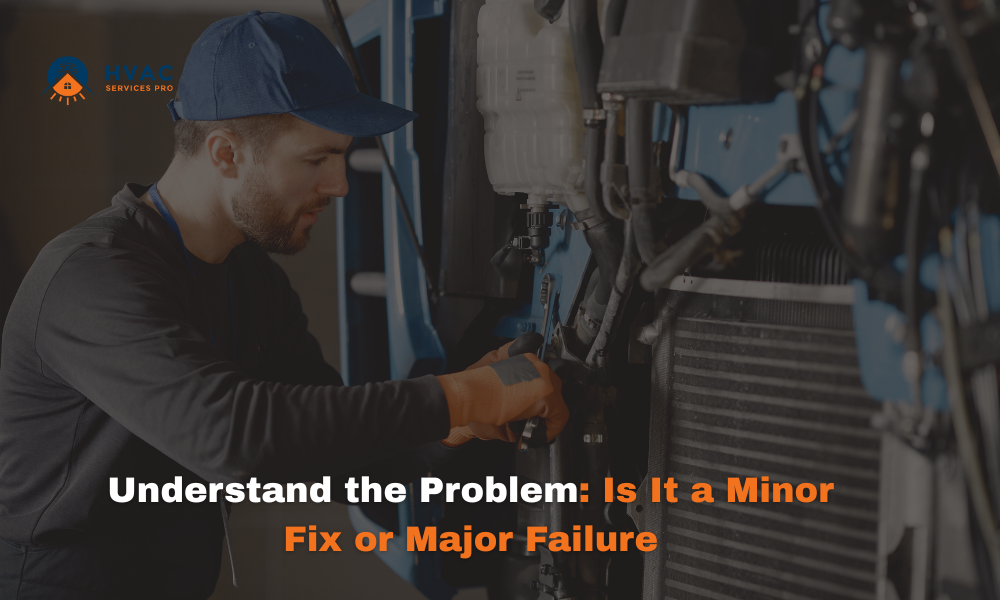 A mechanic in a cap and gloves works on heavy machinery in a dim, industrial setting. Text reads, "Understand the Problem: Is It a Minor Fix or Major Failure.