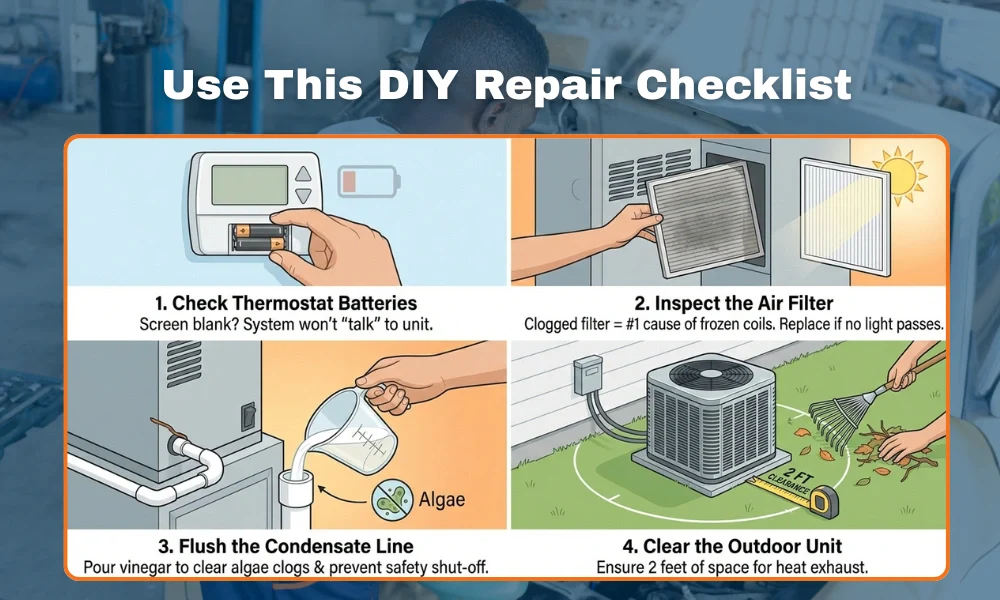 DIY repair checklist for HVAC: Check thermostat batteries, inspect air filter, flush condensate line, and clear outdoor unit space.