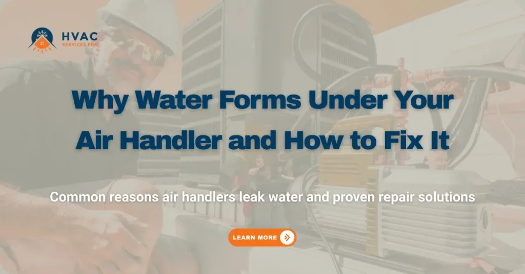 Why Water Forms Under Your Air Handler and How to Fix It: HVAC technician servicing an air handler with headline about common causes of water under the air handler and proven repair fixes.