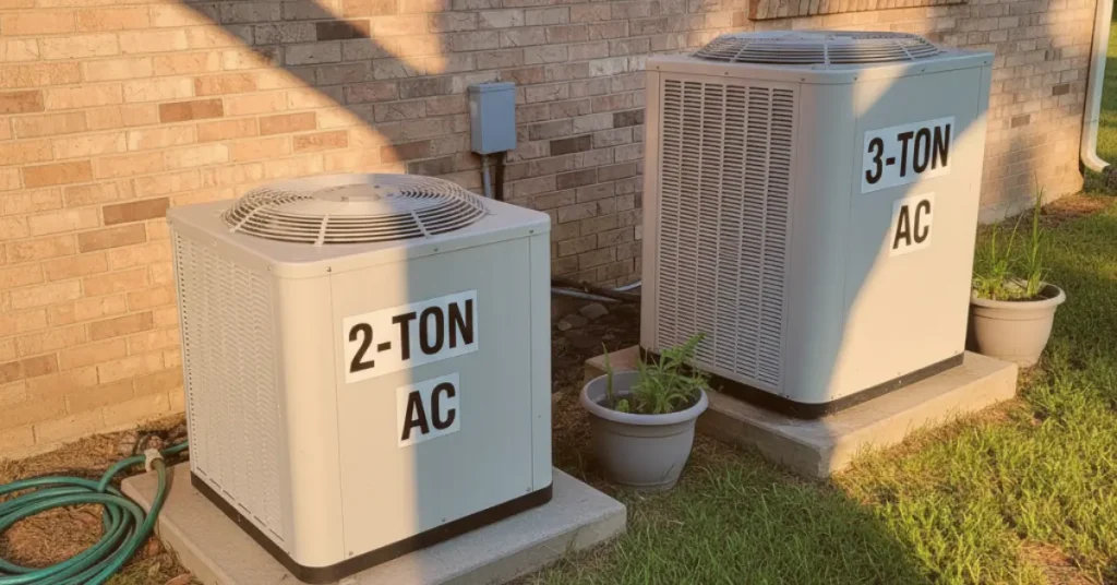 Two outdoor air conditioning units labeled "2-Ton AC" and "3-Ton AC" sit on concrete pads beside a brick wall, surrounded by grass and small plants.
