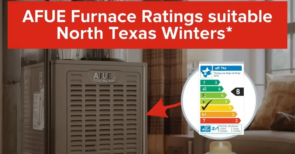AFUE furnace with efficiency rating label, suitable for North Texas winters. The focus is on energy efficiency, indicated by the highlighted "8" rating.