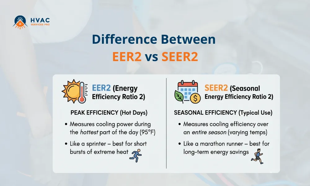 Infographic contrasting EER2 and SEER2 efficiency ratings. EER2 is likened to a sprinter for peak efficiency during hot days, while SEER2 is compared to a marathon runner for seasonal efficiency and long-term energy savings. Background features HVAC Services Pro logo.