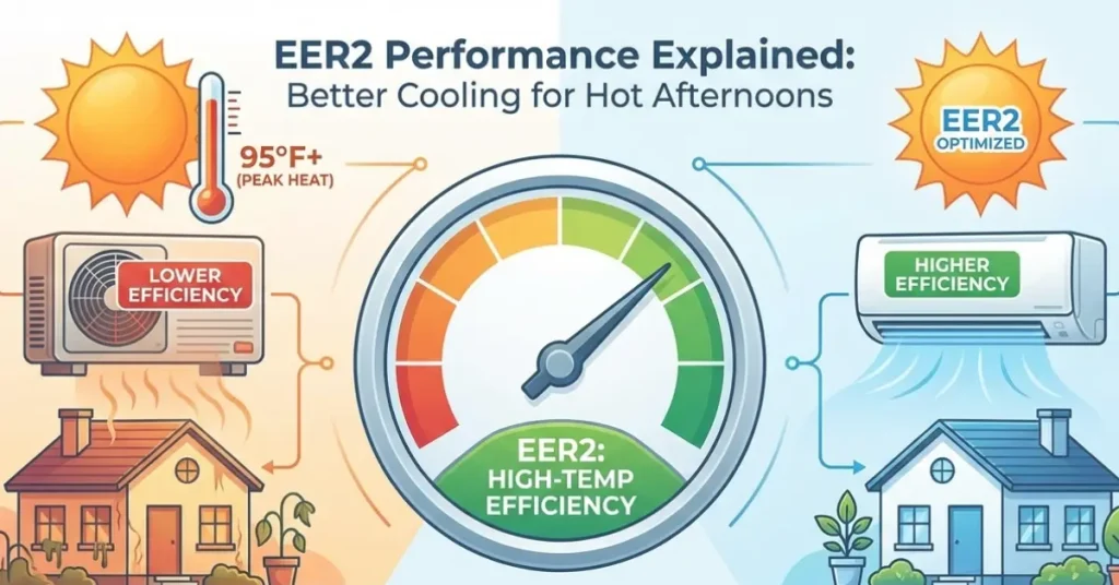 Infographic compares air conditioners' efficiency. Left: outdoor unit with "Lower Efficiency" over hot house. Right: indoor unit with "Higher Efficiency" in cool house. Central gauge shows "EER2: High-Temp Efficiency" with green indicating better performance. Sun and thermometer emphasize heat context.