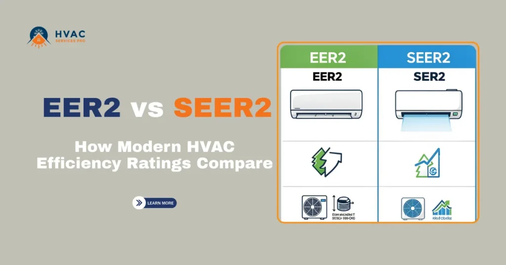 Infographic comparing HVAC efficiency ratings EER2 and SEER2. EER2 and SEER2 are depicted with air conditioner icons and efficiency symbols. Title reads 'EER2 vs SEER2: How Modern HVAC Efficiency Ratings Compare.' Logo for HVAC Services Pro is present. The tone is informative and professional.