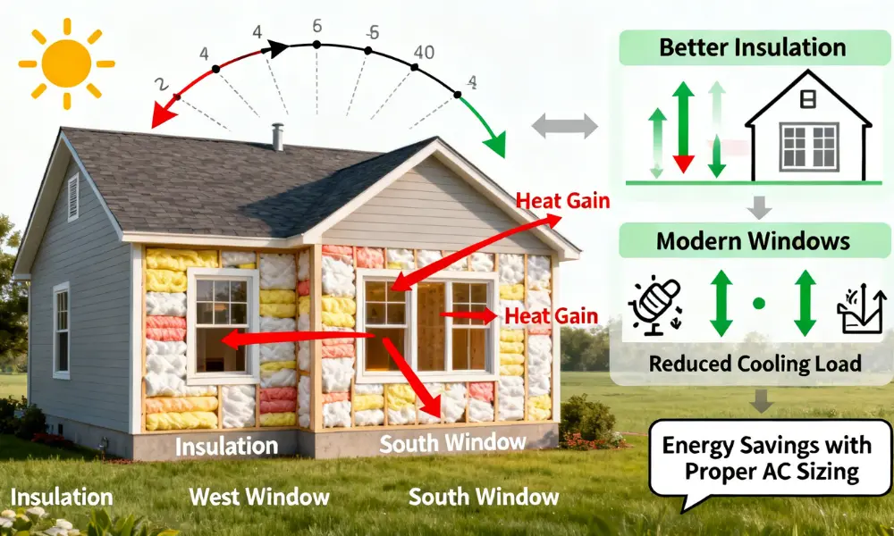 Illustration showing a house with sun exposure angles, arrows indicating heat gain through windows, insulation layers, and tips for energy savings with better insulation and windows.