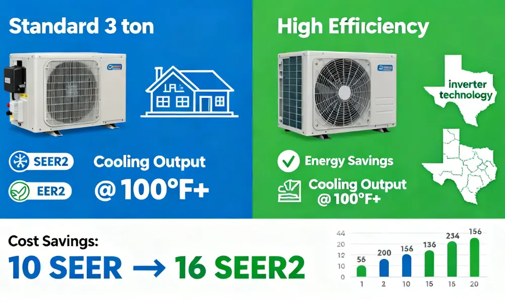 Split graphic comparing standard and high-efficiency air conditioners. Left: Blue background, standard 3 ton unit, house icon, SEER2 and EER2, cooling at 100°F+. Right: Green background, high-efficiency unit, energy savings, Texas map with inverter technology. Cost savings from 10 SEER to 16 SEER2 shown in a bar graph.