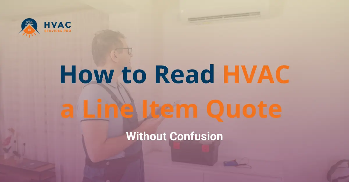 A person facing an HVAC unit, with overlay text saying "How to Read HVAC a Line Item Quote Without Confusion." The tone is instructional and professional.