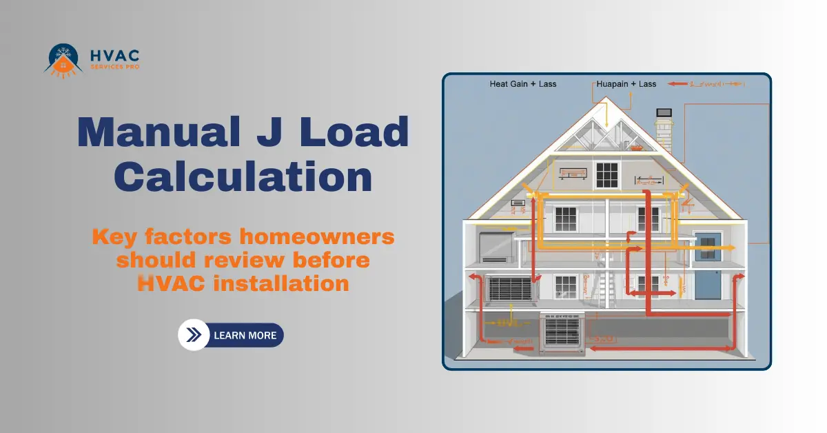 Illustration of a house with HVAC ductwork, showcasing heating and cooling airflow. Text reads 'Manual J Load Calculation: Key factors homeowners should review before HVAC installation.' HVAC Services Pro logo and a 'Learn More' button are visible. The image conveys technical guidance and informative content.