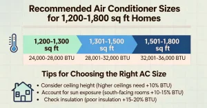 Infographic titled 'Recommended Air Conditioner Sizes for 1,200-1,800 sq ft Homes' shows three size categories: 1,200-1,300 sq ft (24,000-28,000 BTU), 1,301-1,500 sq ft (28,001-32,000 BTU), and 1,501-1,800 sq ft (32,001-36,000 BTU). Tips include considering ceiling height, sun exposure, and insulation for selecting AC size.