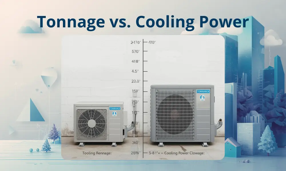 Illustration comparing two HVAC units labeled "Tonnage" and "Cooling Power" against a height scale. Background features abstract and geometric designs.