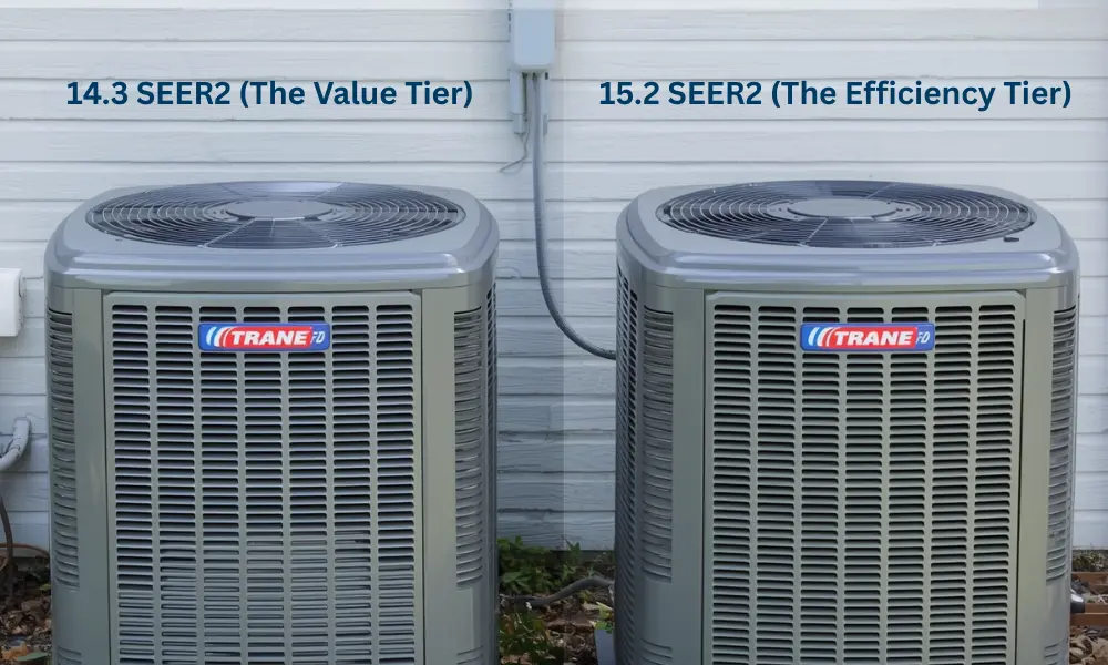 Two Trane air conditioning units are shown against a white wall. The left unit, labeled 14.3 SEER2, is the Value Tier; the right, 15.2 SEER2, is the Efficiency Tier.