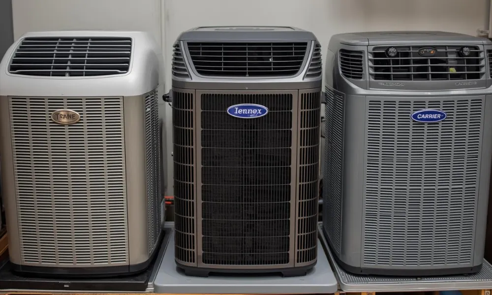 Three air conditioning units are lined up. From left to right, they are branded Trane, Lennox, and Carrier. They have a modern, sturdy design.