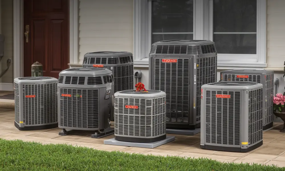 Outdoor units of various air conditioners are arranged neatly on a patio. The setting is calm and orderly, suggesting home comfort and efficiency.