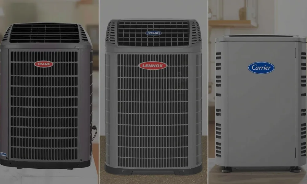 Three air conditioning units are lined up side by side indoors. From left to right, they display the logos of Trane, Lennox, and Carrier. The background is a neutral interior setting.