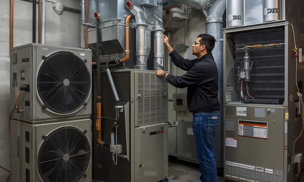 A technician inspects HVAC systems, surrounded by metal ducts and large units in a basement. The scene conveys focus and professionalism.
