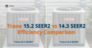 Side-by-side comparison of two Trane HVAC units with labels: "15.2 SEER2" and "14.3 SEER2." Text overlay highlights efficiency differences.