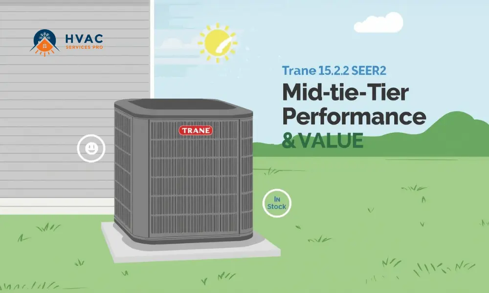 Illustration of a Trane air conditioner outside a house. Text reads "Mid-tier Performance & Value" with "In Stock" label. Sunny weather evokes efficiency.