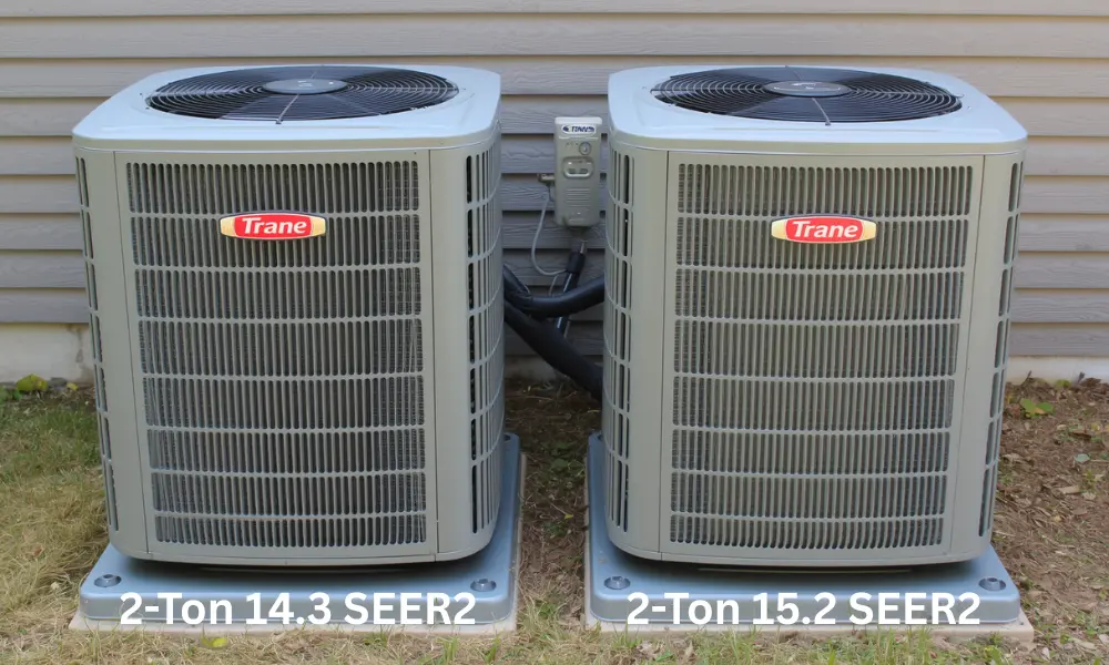 Two gray Trane air conditioning units sit on concrete slabs beside a house. Labels show "2-Ton 14.3 SEER2" and "2-Ton 15.2 SEER2.
