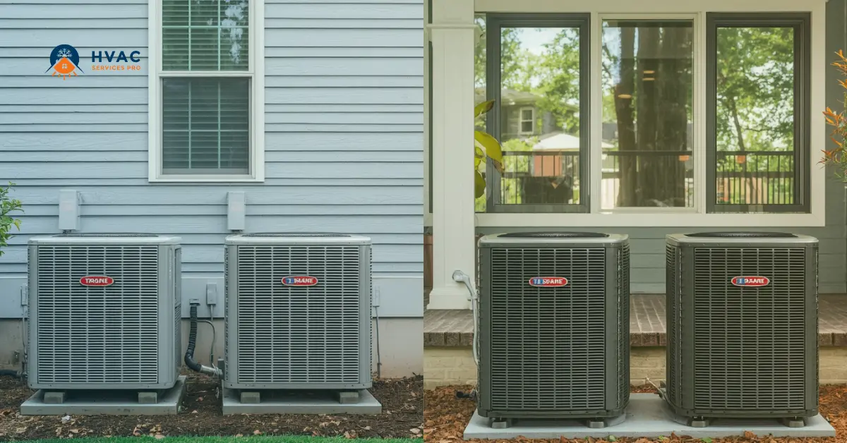 Two residential HVAC units are placed outside, against the siding of a house and in front of a window. The image conveys a neat, functional setup.